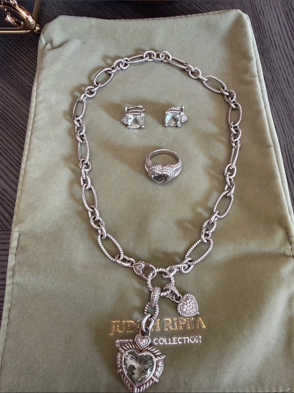 Judith Ripka Silver and green quartz heart Necklace with Matching Ring and Studs